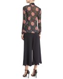 Tie-Neck Wishing Flower-Print Silk Blouse, Navy