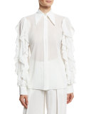 Ruffled-Sleeve Cotton Blouse, White