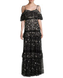 Supernova Cold-Shoulder Embellished Gown, Black