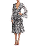 Long-Sleeve Pleated Midi Cocktail Dress
