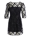 Celia Bateau-Neck Half-Sleeve Embroidered Minidress, Black