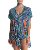 Peacock-Print Short Caftan Coverup