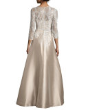 3/4-Sleeve Embellished Ball Gown, Champagne