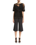 Bateau-Neck Botanical Mesh Jersey Top, Black