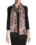 Edna Floral Silk Tassel Scarf, Purple