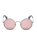 Round Monochromatic Metal Sunglasses, Light Ruthenium/Brown
