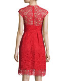 Cap-Sleeve Jewel-Neck Lace Dress, Red