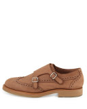 Leather Monk-Strap Wing-Tip Loafer, Beige