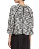 Tweed 3/4-Sleeve Pullover Sweater, Black/Ivory