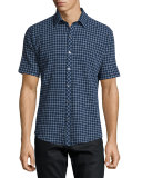 Windowpane Short-Sleeve Woven Sport Shirt, Navy