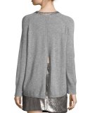 Long-Sleeve Split-Back Crewneck Sweater, Heather Gray