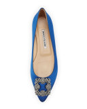 Hangisi Crystal-Buckle Satin Flat, Cobalt
