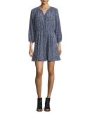3/4-Sleeve Floral Silk Woodblock Dress, Ink Blue
