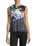 Sleeveless Mixed-Print Peplum Top, Black
