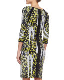 3/4-Sleeve Leopard-Print Ruched Dress 