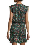 Floral Silk Waterfall Dress, Black/Multicolor