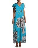 Parasol Silk Maxi Caftan Coverup, Turquoise/Black/Green