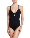 Active Deep V-Neck One-Piece Swimsuit, Black
