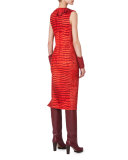 Sleeveless Printed Asymmetric-Panel Dress, Red