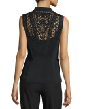 Tailored Vest w/ Crocheted-Lace Back Yoke, Black