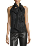 Sleeveless Tie-Neck Shimmery Blouse, Black/Gold