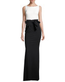 Sleeveless Two-Tone Jersey Column Gown, Black/White