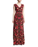 Sleeveless V-Neck Floral-Embroidered Gown, Red/Black
