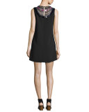 Sleeveless Embellished Crepe Shift Dress, Black/Multicolor