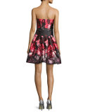 Strapless Floral-Print Party Dress, Pink/Black