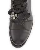 Havana Floral-Embellished Combat Boot, Black
