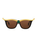 Empress Embellished Square Sunglasses w/ Crystal Center, Black/Emerald