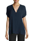 Pintuck Split-Neck Silk Top, Coastal