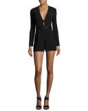 Kyara Plunge-Neck Tuxedo Romper, Black