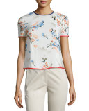 Floral-Print Silk Short-Sleeve Blouse, Multi