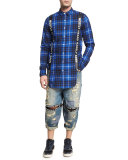 Destroyed Ticker Feed Cropped Jeans, Blue