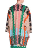 Ruffled Zigzag Open-Front Cardigan, Beige/Multi
