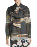 Wool-Blend Plaid Tie-Neck Shirt, Brown/Multicolor