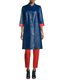 Two-Tone Leather Long Jacket, Bluebell