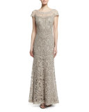 Short-Sleeve Lace Column Gown, Pumice 