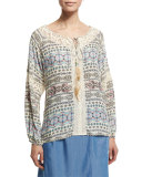 Printed Peasant Top W/ Feather Self-Tie