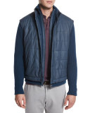Quilted Leather & Ribbed Bomber Jacket, Lapis Lazuli