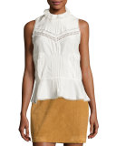 Sleeveless Pintucked Silk Peplum Blouse, Soft White