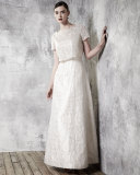Short-Sleeve Two-Piece Lace Gown, Champagne