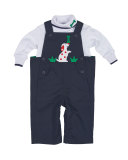 Cotton Twill Puppy Overalls w/ Turtleneck Top, Navy/White, Size 6-24 Months