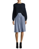 Pencil-Stripe Shirred Full Skirt, Blue/White