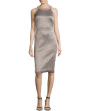 Embellished-Neck Leopard-Print Sheath Dress, Rose Gold/Multi