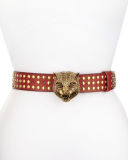 Studded Leather Tiger-Buckle Belt