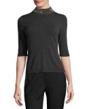 Half-Sleeve Gem-Collar Pullover, Gray