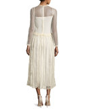 Long-Sleeve Lace & Macrame Midi Dress, Ivory