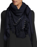 Pompon Fringe Scarf, Navy